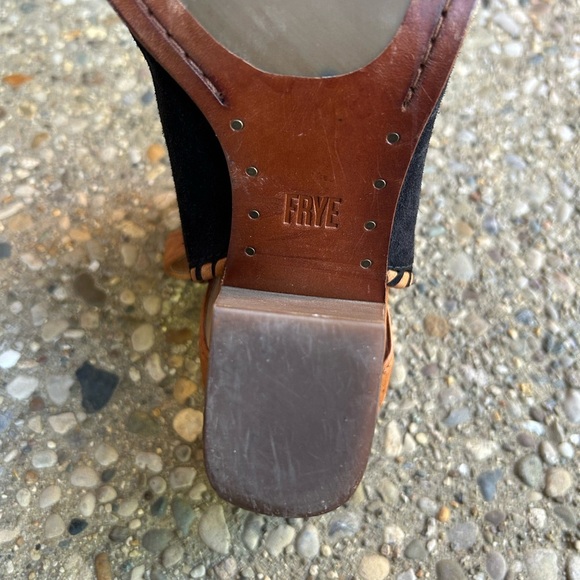 Frye Bohemian Whipstitch Suede Stacked Heel Black Peep Toe Boots Size 10 - Picture 6 of 12